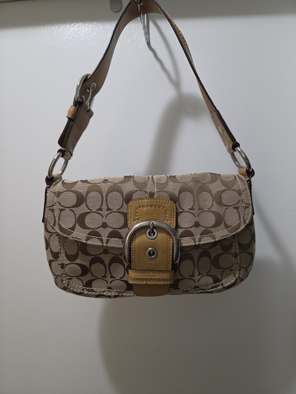 Vintage Coach Signature Canvas Shoulder Bag with Yellow Patent Leather Trim
